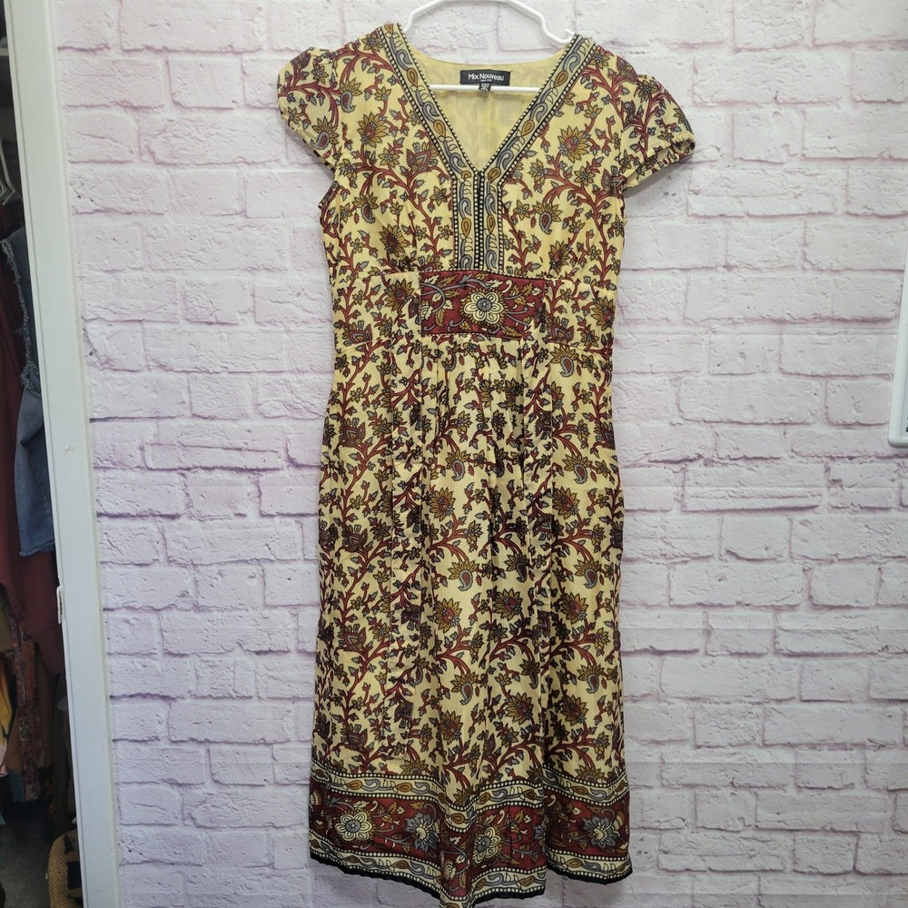 VTG Mix Nouveau Indian Paisley Midi Dress Sz M Pullover Hippie Cottagecore Boho